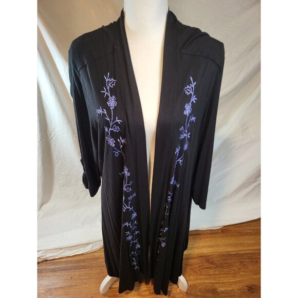 April Cornell‎ Woman Black Jersey Embroidered Open Front Cardigan Size 2X - Picture 1 of 8